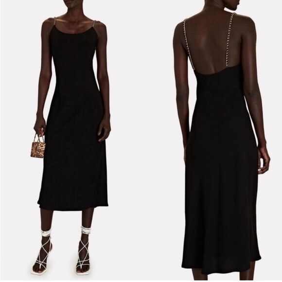 ANINE BING Chelsea Chain Strap Black Midi Dress Size Large Slip Shift Crepe - Picture 13 of 14